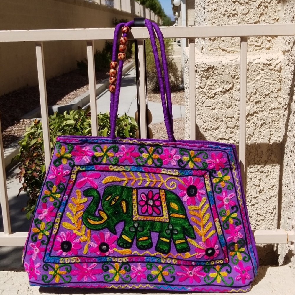 Mexican Handmade Embroidered Purse Elephant Print